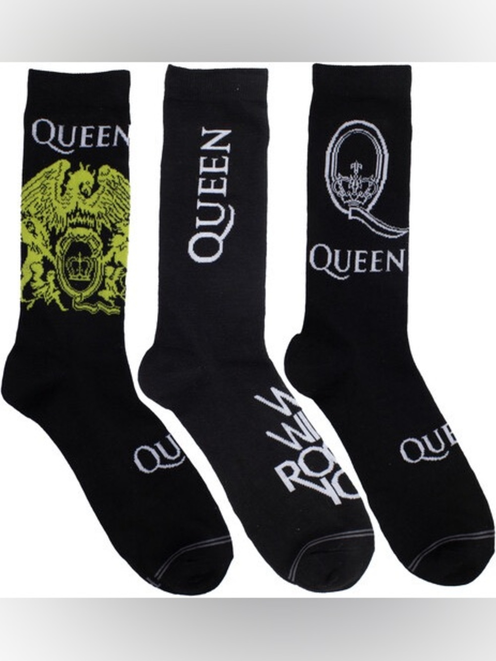 Que Black Crew Socks with White and Yellow-Green Logos